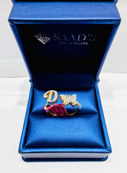 10K GOLD NATURAL DIAMOND BUTTERFLY WITH INITIAL “D” LETTER RING 0.37CT, SIZE: 7