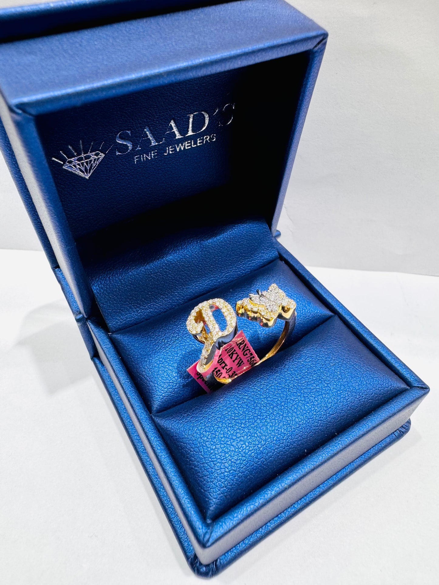 10K GOLD NATURAL DIAMOND BUTTERFLY WITH INITIAL “D” LETTER RING 0.37CT, SIZE: 7