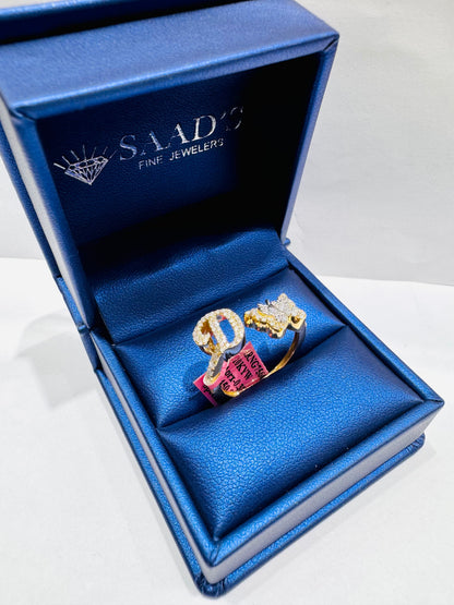 10K GOLD NATURAL DIAMOND BUTTERFLY WITH INITIAL “D” LETTER RING 0.37CT, SIZE: 7