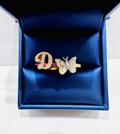 10K GOLD NATURAL DIAMOND BUTTERFLY WITH INITIAL “D” LETTER RING 0.37CT, SIZE: 7