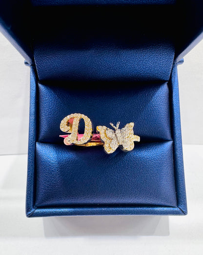 10K GOLD NATURAL DIAMOND BUTTERFLY WITH INITIAL “D” LETTER RING 0.37CT, SIZE: 7
