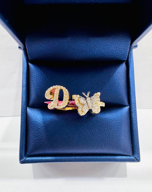10K GOLD NATURAL DIAMOND BUTTERFLY WITH INITIAL “D” LETTER RING 0.37CT, SIZE: 7