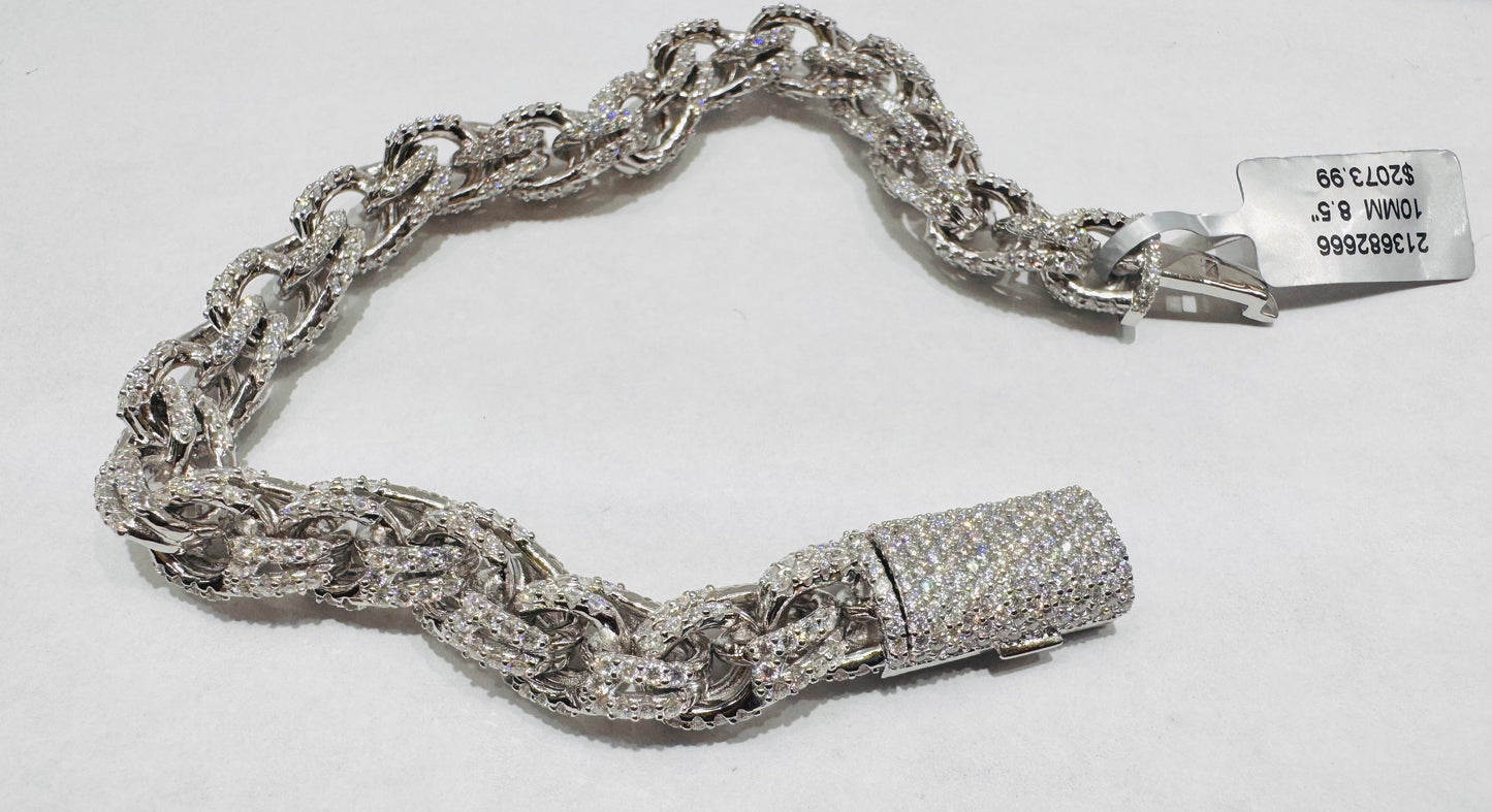 SILVER MOISSANITE CHINO LINK BRACELET 8.5”, VVS 11.24CTW, WIDTH: 10mm