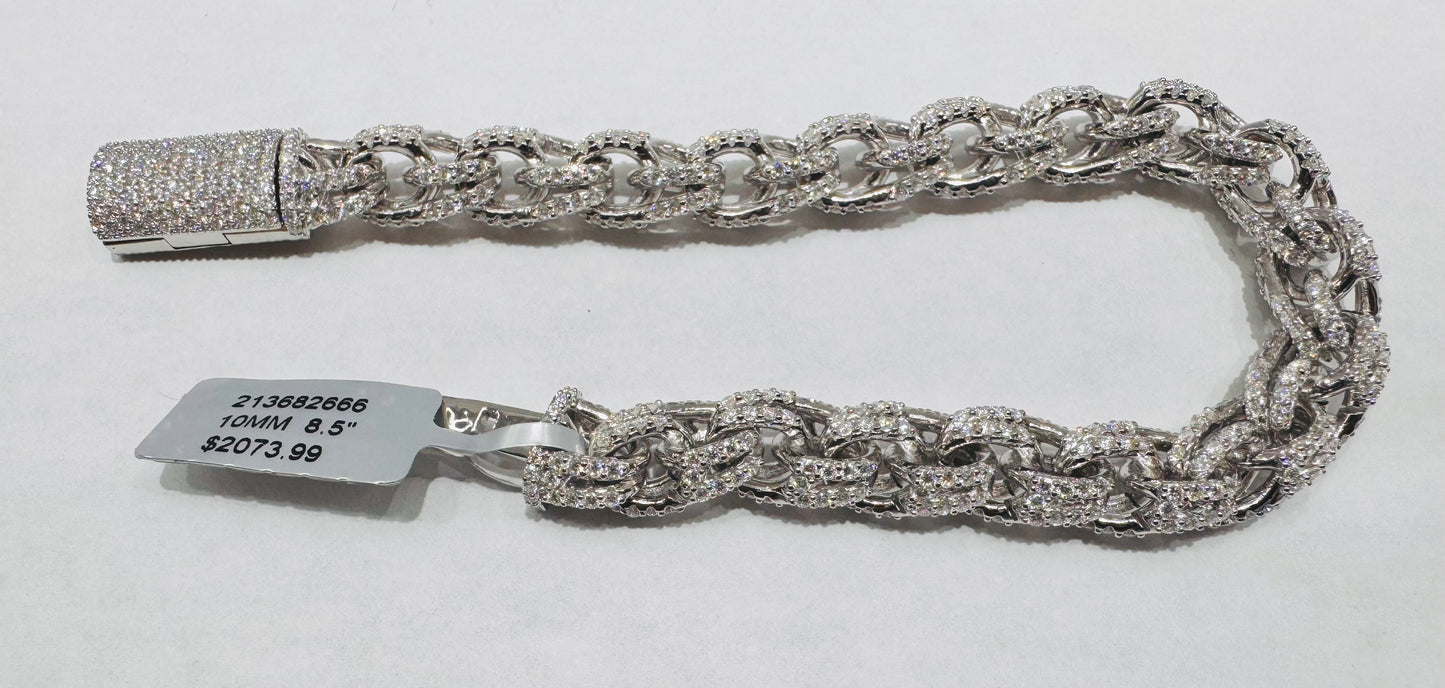 SILVER MOISSANITE CHINO LINK BRACELET 8.5”, VVS 11.24CTW, WIDTH: 10mm