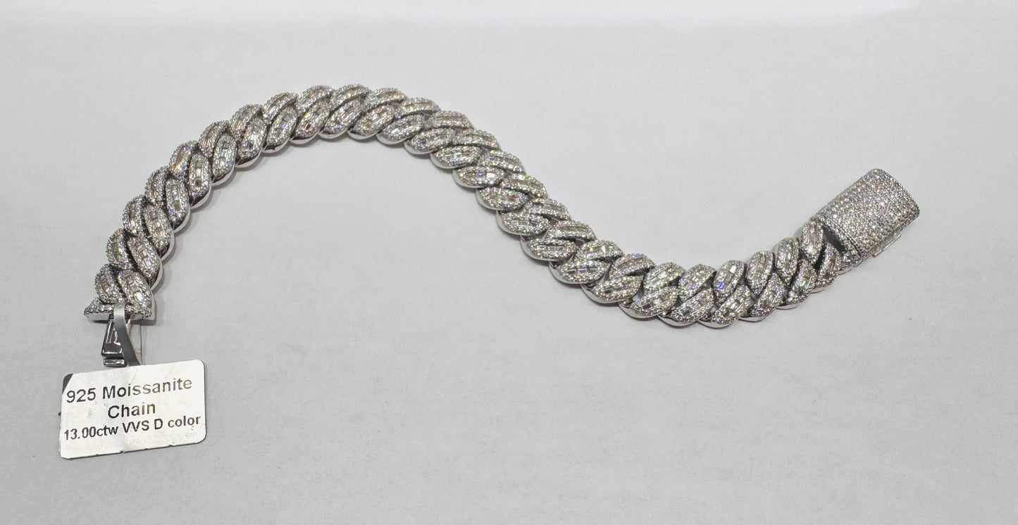 SILVER MOISSANITE CUBAN LINK BRACELET 8.25”, VVS 13.00ctw, WIDTH: 12mm