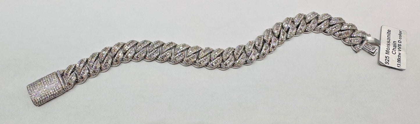 SILVER MOISSANITE CUBAN LINK BRACELET 8.25”, VVS 13.00ctw, WIDTH: 12mm