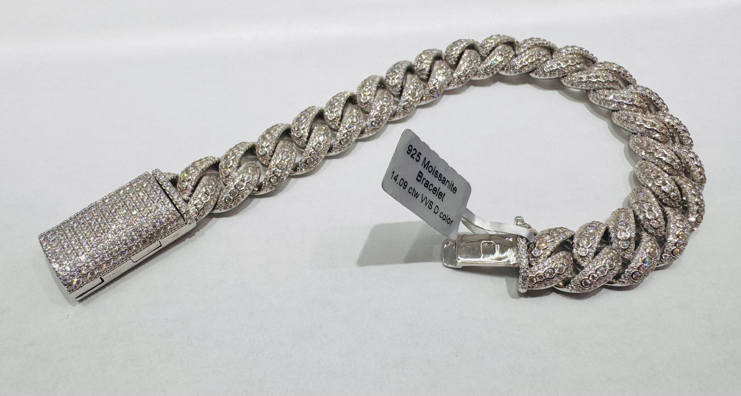 SILVER MOISSANITE CUBAN LINK BRACELET 8.5”, VVS 14.09ctw, WIDTH: 14mm