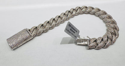 SILVER MOISSANITE CUBAN LINK BRACELET 8.5”, VVS 14.09ctw, WIDTH: 14mm