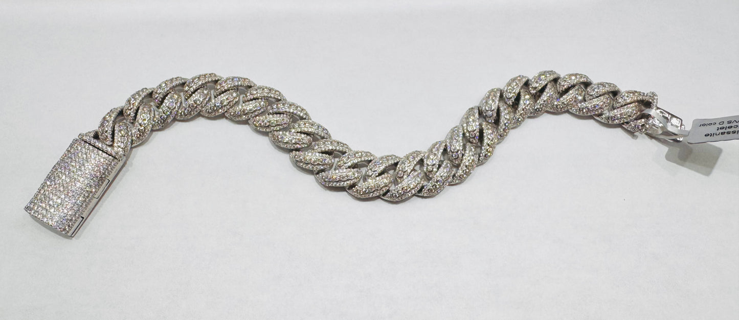 SILVER MOISSANITE CUBAN LINK BRACELET 8.5”, VVS 14.09ctw, WIDTH: 14mm