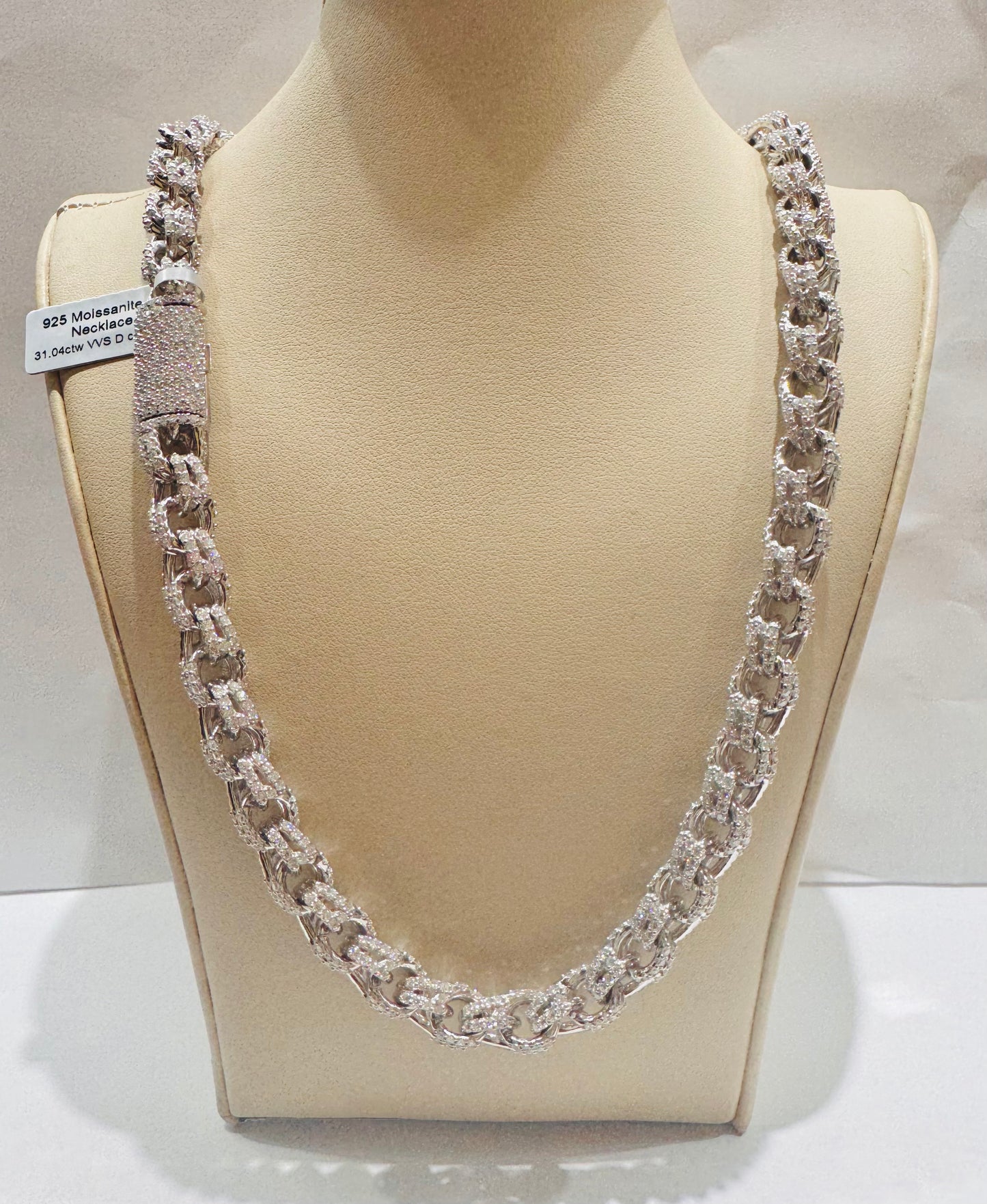 SILVER MOISSANITE CHINO LINK NECKLACE 24”, VVS 31.04CTW, WIDTH: 10mm