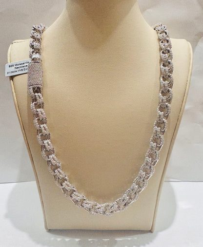 SILVER MOISSANITE CHINO LINK NECKLACE 24”, VVS 31.04CTW, WIDTH: 10mm