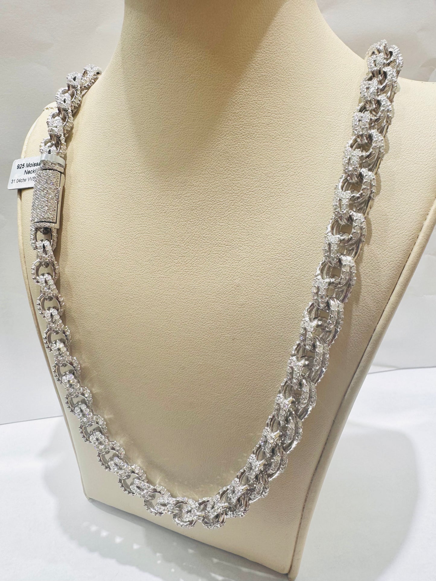 SILVER MOISSANITE CHINO LINK NECKLACE 24”, VVS 31.04CTW, WIDTH: 10mm