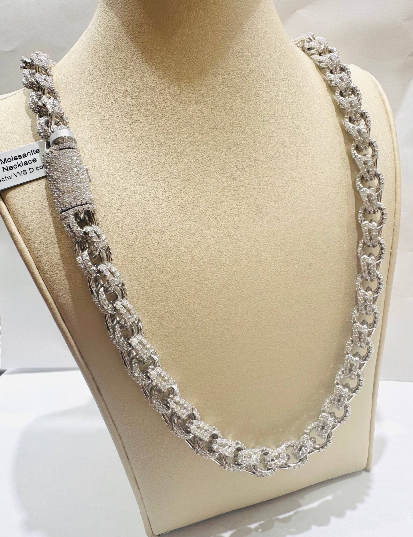 SILVER MOISSANITE CHINO LINK NECKLACE 24”, VVS 31.04CTW, WIDTH: 10mm