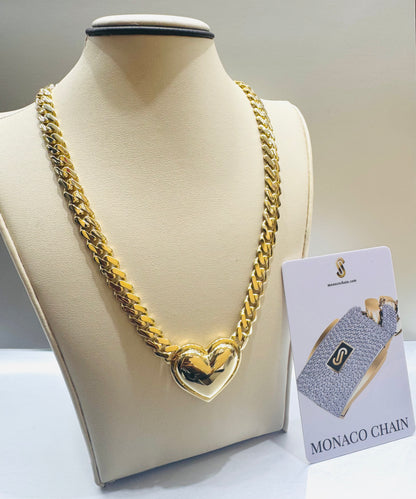 10K GOLD CLASSIC MONACO HEART CHAIN 16”, WEIGHT: 20gm, WIDTH: 7.6mm