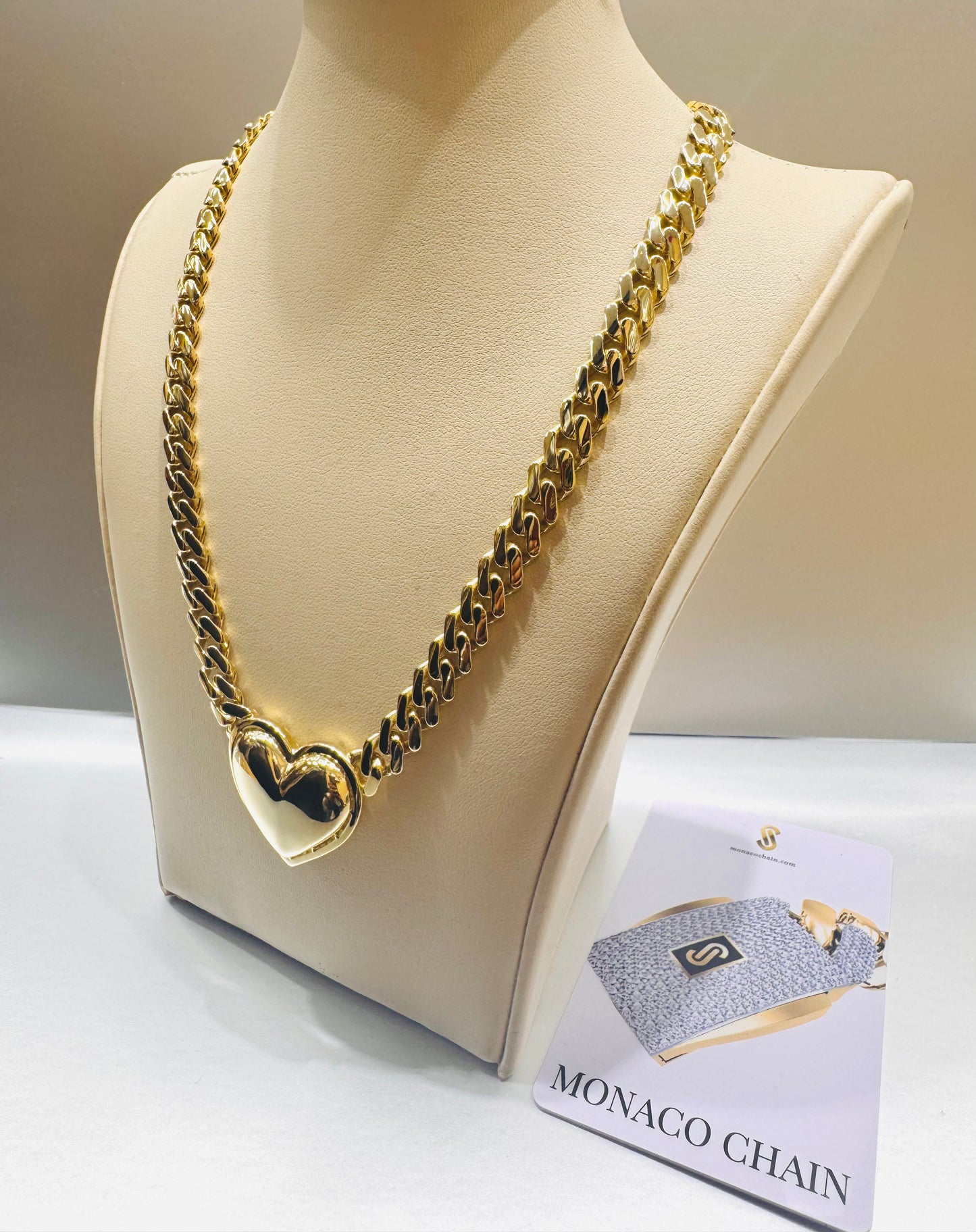 10K GOLD CLASSIC MONACO HEART CHAIN 16”, WEIGHT: 20gm, WIDTH: 7.6mm