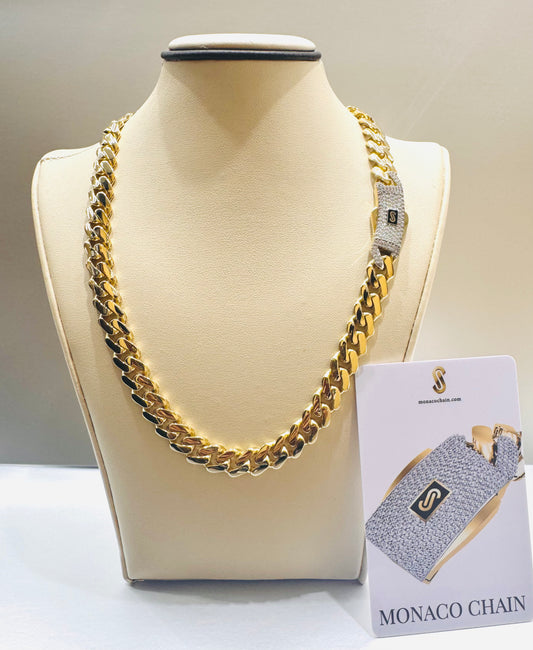 10K GOLD CLASSIC MONACO CHAIN 16”, WEIGHT: 21.4gm, WIDTH: 9.2mm