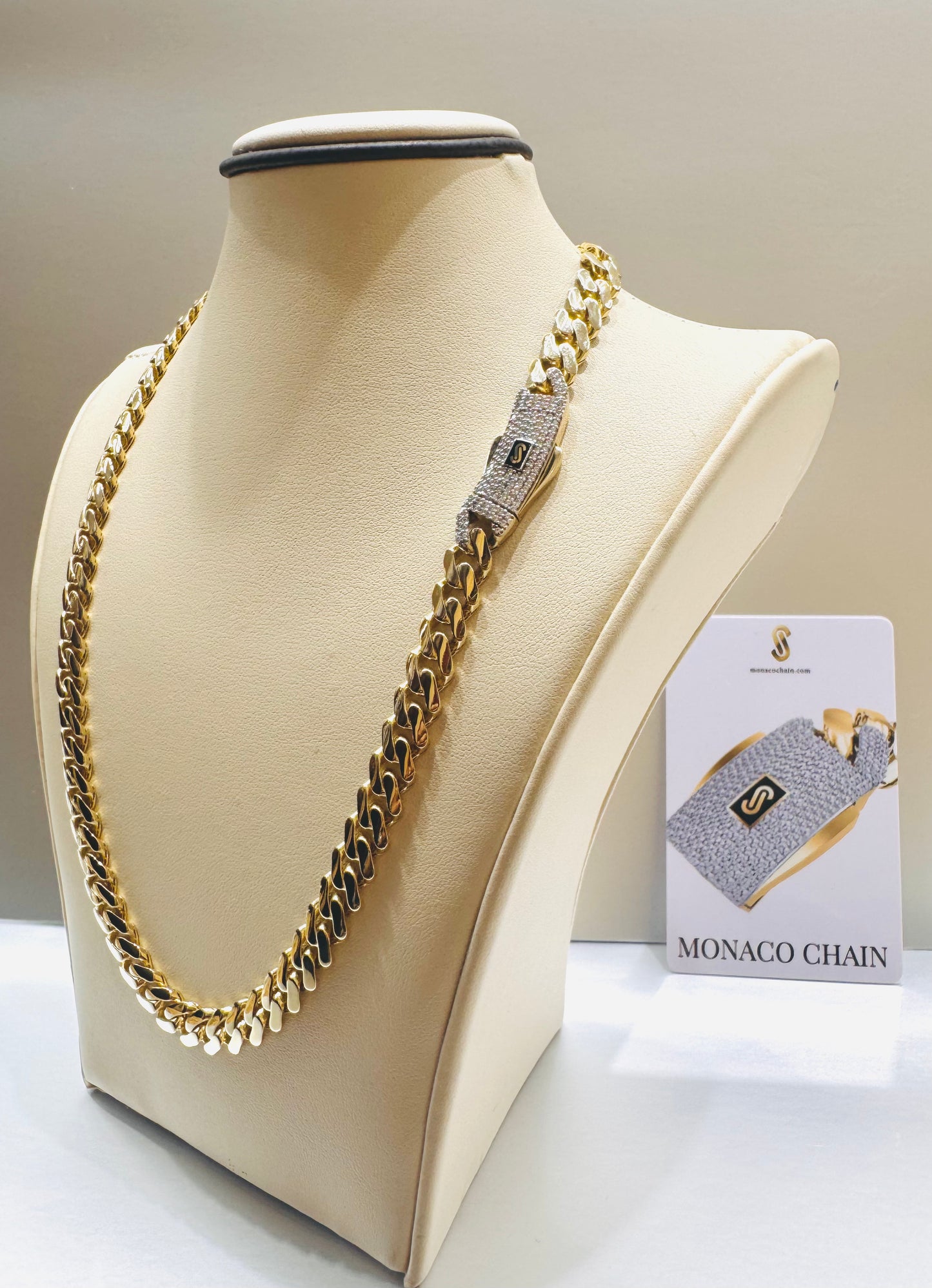 10K GOLD CLASSIC MONACO CHAIN 22”, WEIGHT: 28.5gm, WIDTH: 9.2mm