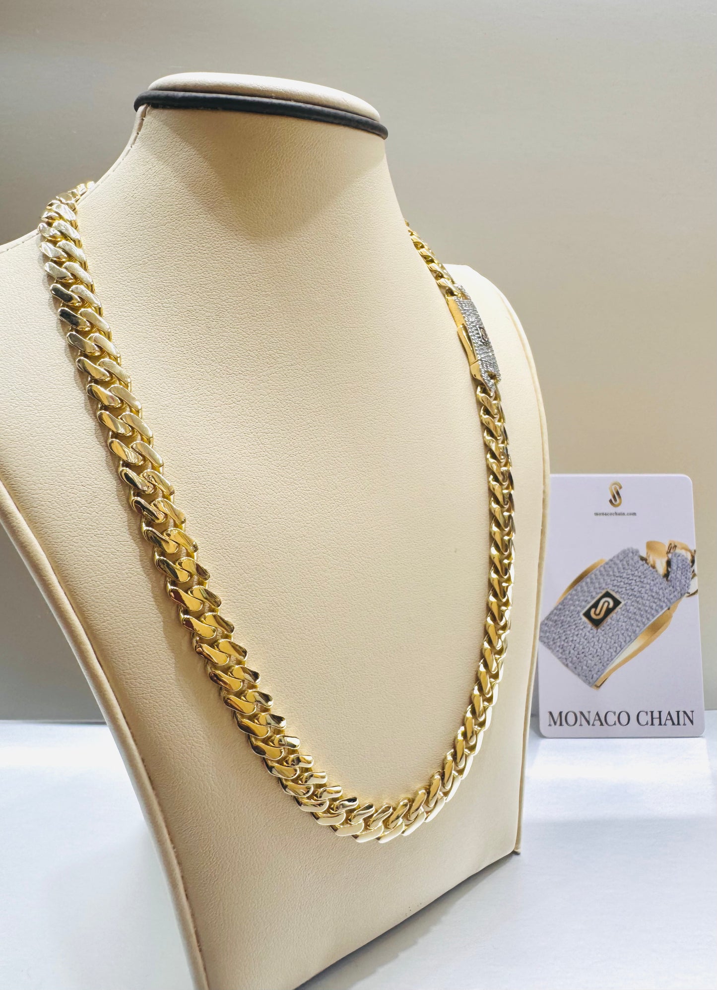 10K GOLD CLASSIC MONACO CHAIN 22”, WEIGHT: 28.5gm, WIDTH: 9.2mm