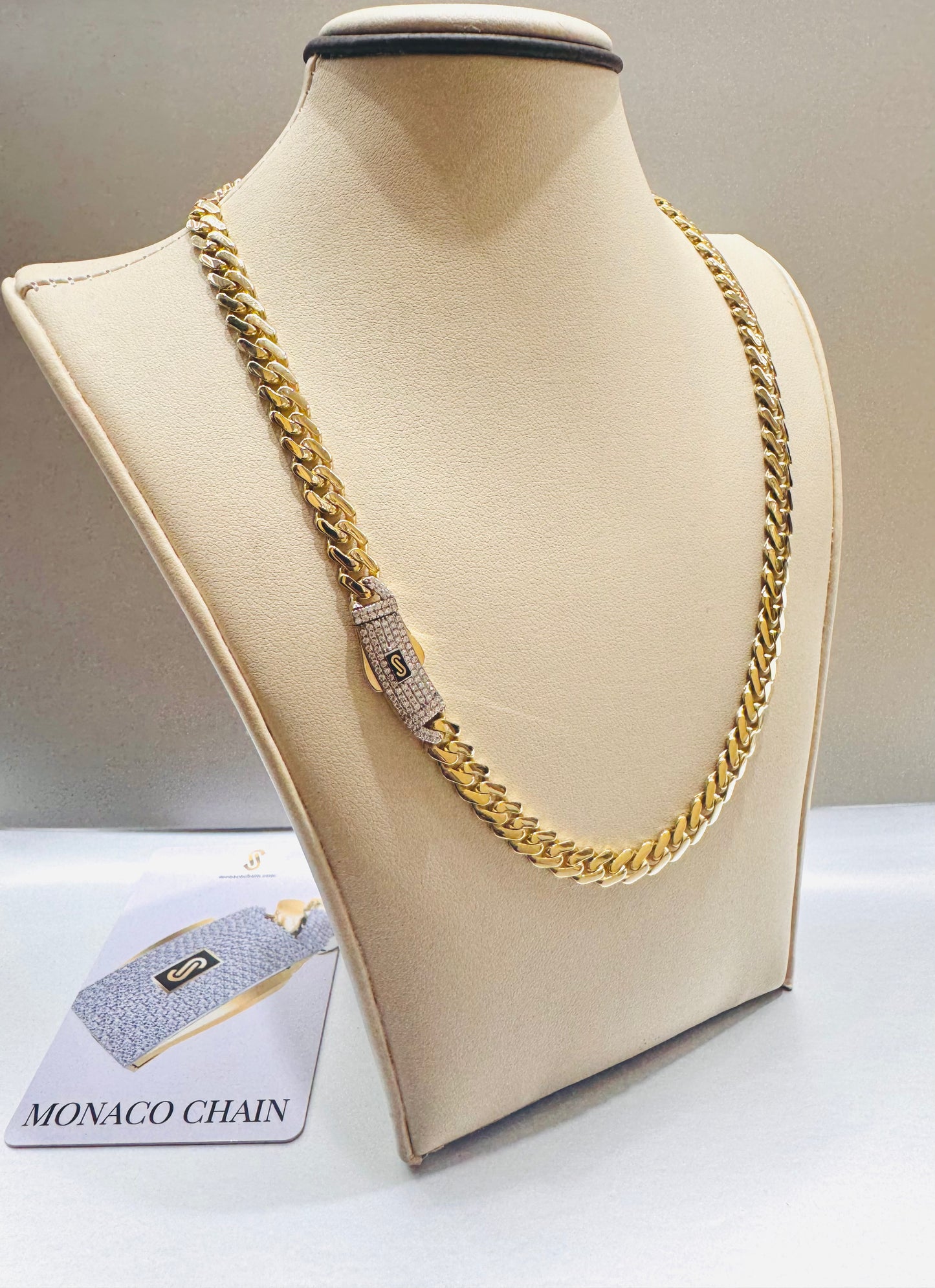 10K GOLD CLASSIC MONACO CHAIN 16”, WEIGHT: 17.5gm, WIDTH: 7.8mm