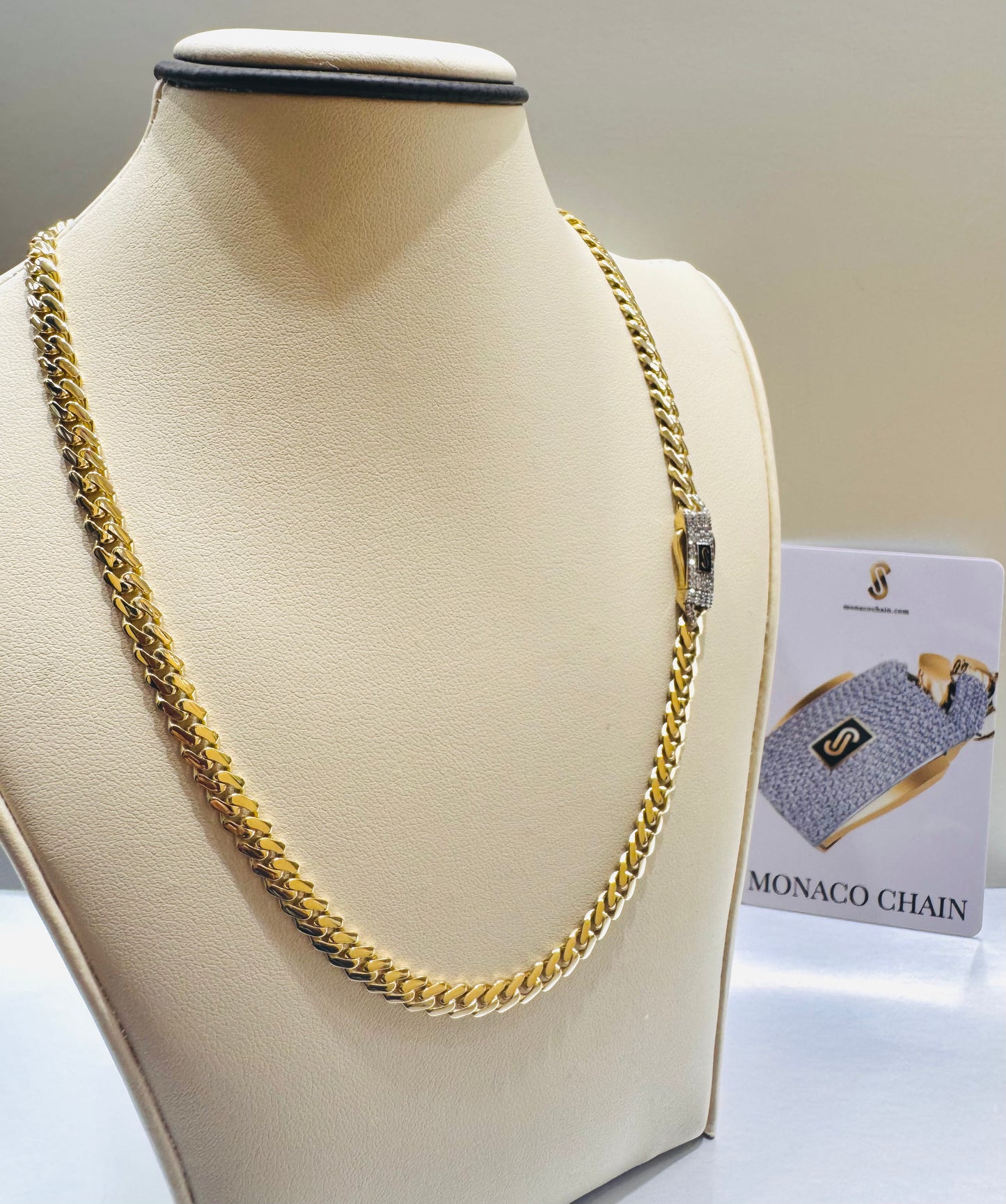 10K GOLD CLASSIC MONACO CHAIN 16”, WEIGHT: 10.3gm, WIDTH: 4.9mm