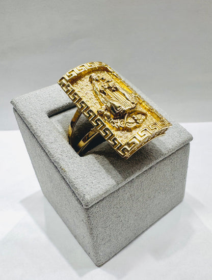 10K GOLD VIRGIN MARY RING WITH VERSACE BORDER, WEIGHT: 8.3gm, SIZE: 12.5