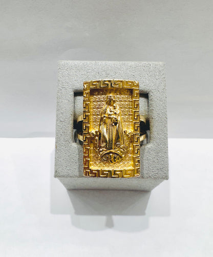10K GOLD VIRGIN MARY RING WITH VERSACE BORDER, WEIGHT: 8.3gm, SIZE: 12.5