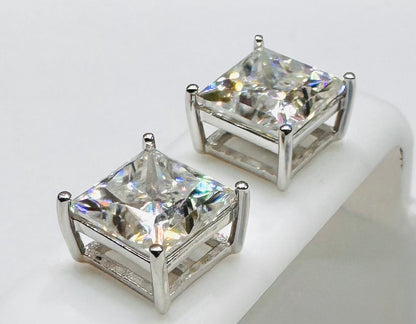 SILVER MOISSANITE SQUARE SHAPE STUD EARRINGS 8mm, VVS- 6.0CTW
