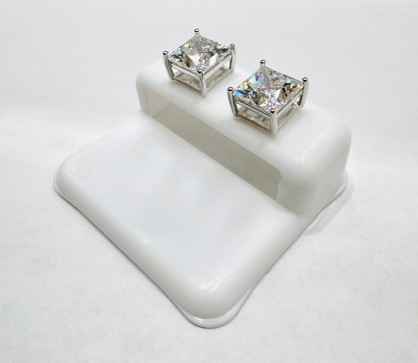 SILVER MOISSANITE SQUARE SHAPE STUD EARRINGS 8mm, VVS- 6.0CTW