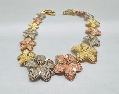 10K TRI-COLOR GOLD BIG HIBISCUS FLOWER BRACELET, WEIGHT: 8.1gm