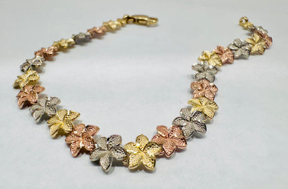 10K TRI-COLOR GOLD HIBISCUS BRACELET 7”, WEIGHT: 6gm