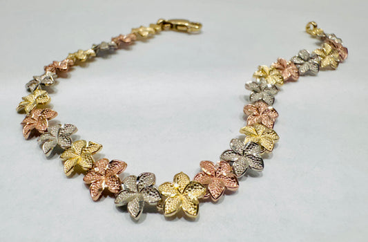 10K TRI-COLOR GOLD HIBISCUS BRACELET 7”, WEIGHT: 6gm