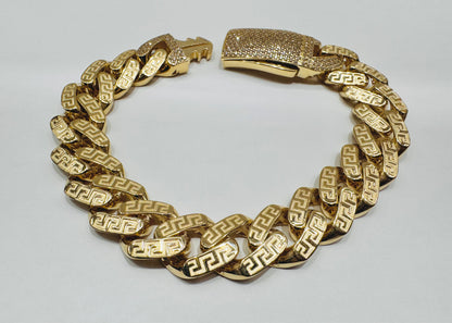 10K GOLD MONACO BRACELET WITH VERSACE BORDER 9.5”, WIDTH: 14.3mm, WEIGHT: 26gm
