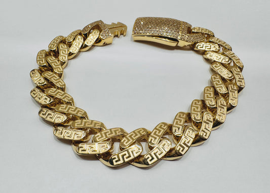 10K GOLD MONACO BRACELET WITH VERSACE DESIGN 9.5”, WIDTH: 14.5mm, WEIGHT: 26gm