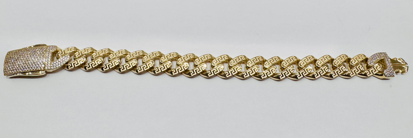 10K GOLD MONACO BRACELET WITH VERSACE BORDER 9.5”, WIDTH: 14.3mm, WEIGHT: 26gm