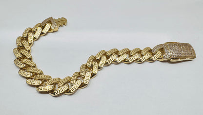10K GOLD MONACO BRACELET WITH VERSACE BORDER 9.5”, WIDTH: 14.3mm, WEIGHT: 26gm