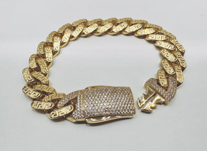 10K GOLD MONACO BRACELET WITH VERSACE BORDER 9.5”, WIDTH: 14.3mm, WEIGHT: 26gm