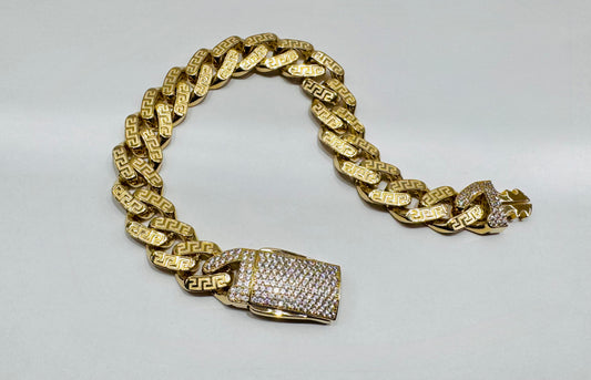 10K GOLD MONACO LINK BRACELET WITH VERSACE BORDER 9”, WIDTH: 13mm, WEIGHT: 18gm