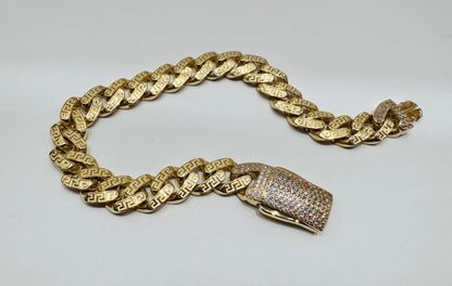 10K GOLD MONACO BRACELET WITH VERSACE BORDER DESIGN 9”, WIDTH: 10.4mm, WEIGHT: 14.3gm