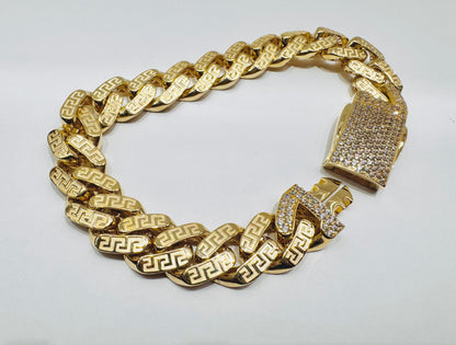 10K GOLD MONACO LINK BRACELET WITH VERSACE BORDER 9”, WIDTH: 13mm, WEIGHT: 18gm