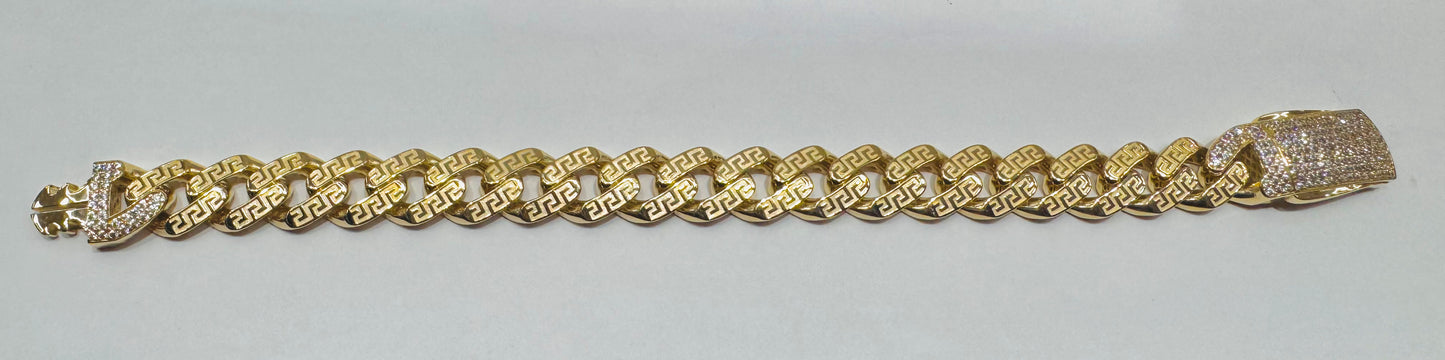 10K GOLD MONACO LINK BRACELET WITH VERSACE BORDER 9”, WIDTH: 13mm, WEIGHT: 18gm
