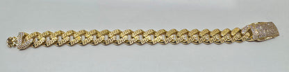 10K GOLD MONACO LINK BRACELET WITH VERSACE BORDER 9”, WIDTH: 13mm, WEIGHT: 18gm