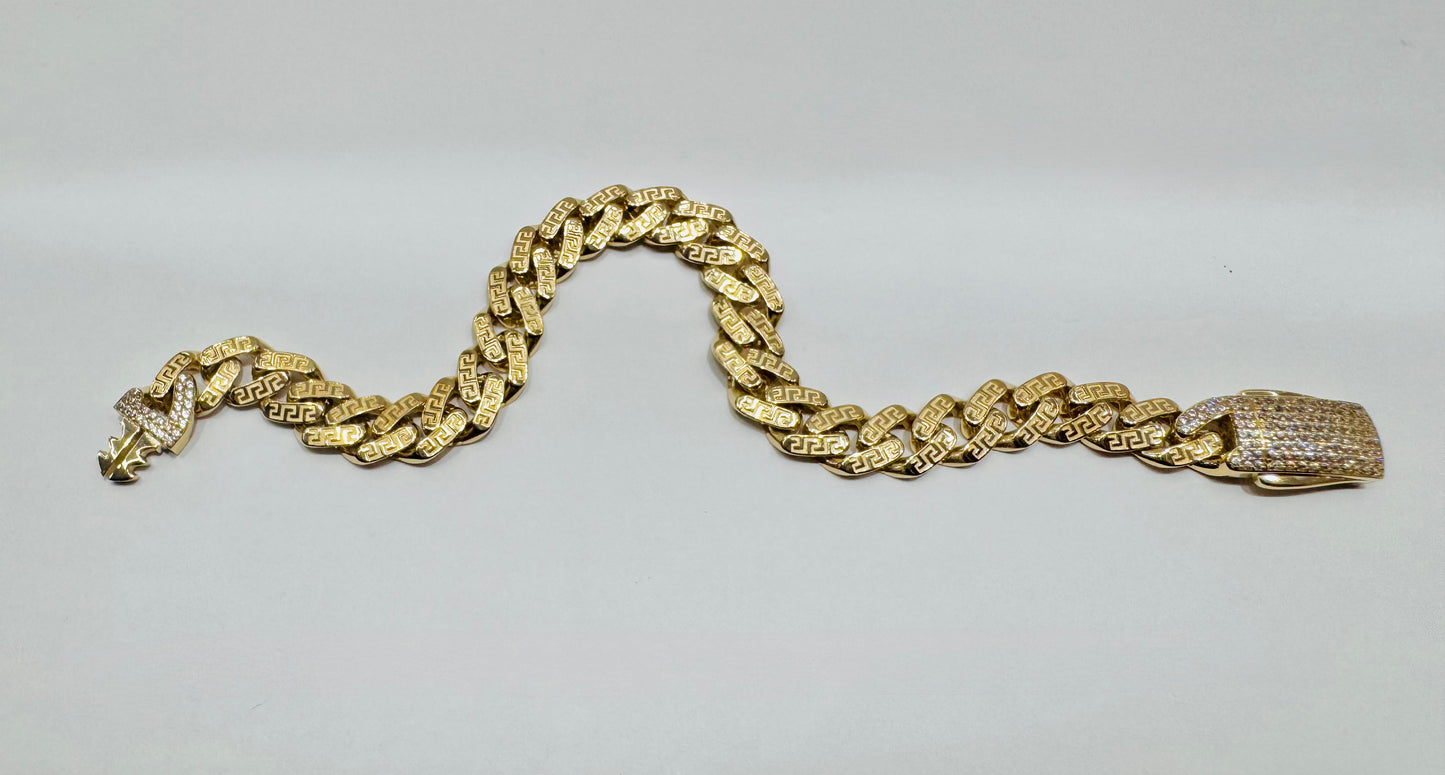10K GOLD MONACO BRACELET WITH VERSACE BORDER 8.5”, WIDTH:  8.8mm, WEIGHT: 8.7gm