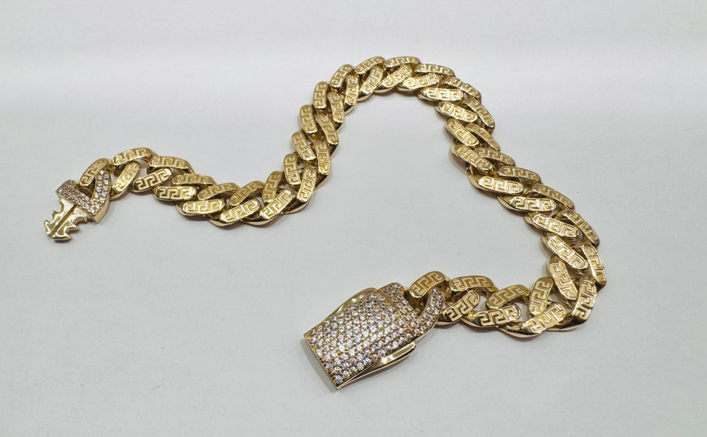 10K GOLD MONACO BRACELET WITH VERSACE BORDER 8.5”, WIDTH:  8.8mm, WEIGHT: 8.7gm