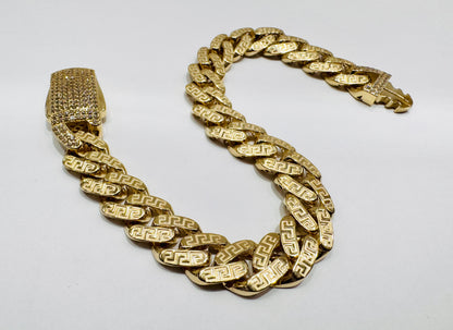 10K GOLD MONACO BRACELET WITH VERSACE BORDER DESIGN 9”, WIDTH: 10.4mm, WEIGHT: 14.3gm