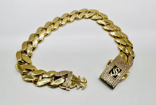 10K GOLD MONACO BRACELET 9”, WIDTH: 11.3mm, WEIGHT: 18.8gm