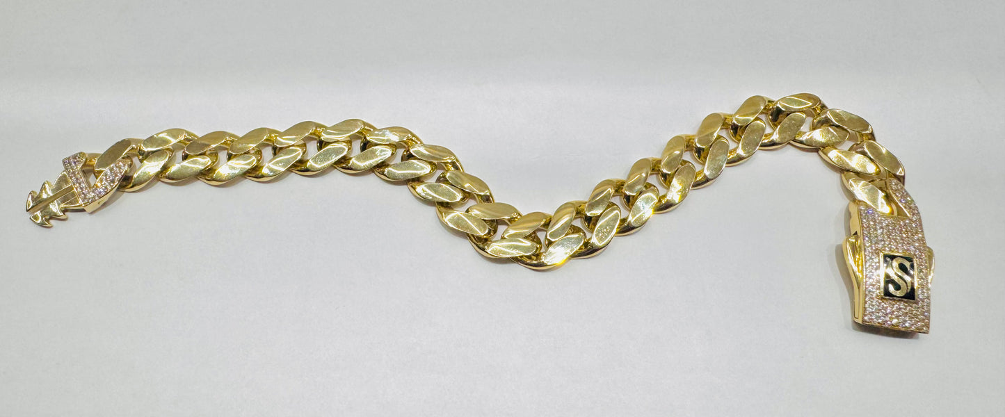 10K GOLD MONACO BRACELET 9”, WIDTH: 11.3mm, WEIGHT: 18.8gm