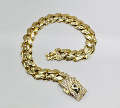 10K GOLD MONACO BRACELET 8”, WIDTH: 9.3mm, WEIGHT: 14.3gm