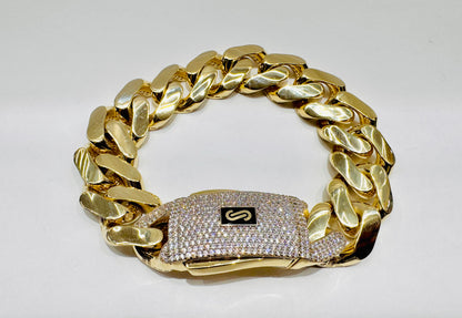 10K GOLD MONACO BRACELET 9”, WIDTH: 17mm, WEIGHT: 30gm