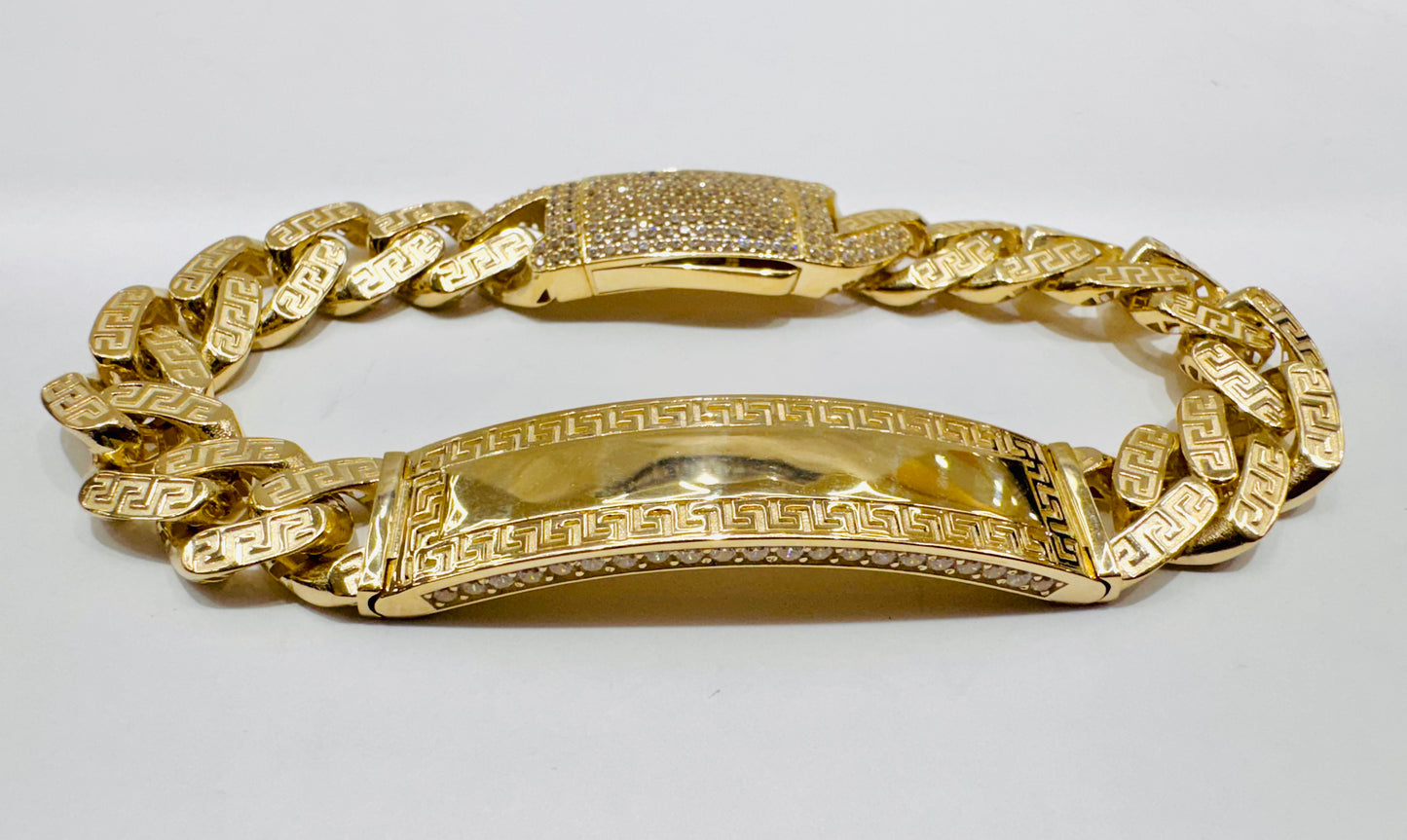 10K GOLD MONACO ID BRACELET WITH VERSACE DESIGN 9”, WIDTH: 13mm, WEIGHT: 24.4gm