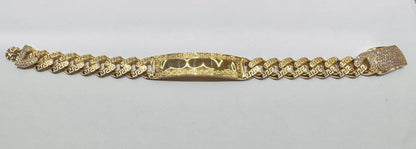10K GOLD MONACO ID BRACELET WITH VERSACE DESIGN 9.5”, WIDTH: 13mm, WEIGHT: 27gm